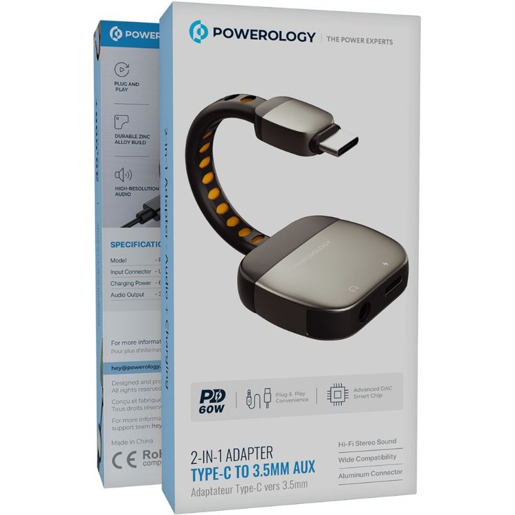 Powerology 2-in-1 USB-C to Aux & USB-C Adapter, 60W Power Delivery, 40000+ Bends Lifespan, High-Resolution Audio, Advanced DAC Smart Chip, Plug & Play Design - Gray