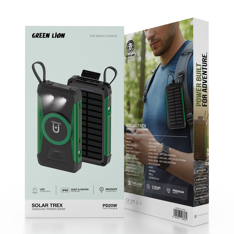 Green Lion Solar Trex 10000mAh Power Bank with 20W Fast Charging, ]IP65 Dust & Water Resistant, Built-in Type-C & Lightning Cables, Wireless Charging, Built-in Safeguards, TPU + Silicone + PU Material - Black