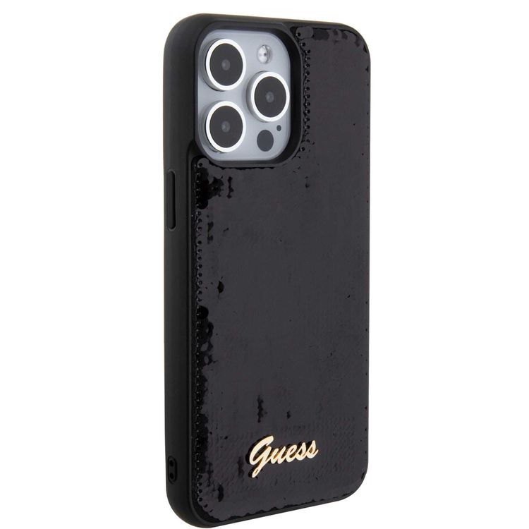 حافظة Guess Sequin Script مع شعار Guess Metal - أسود - iPhone 15 Pro Max