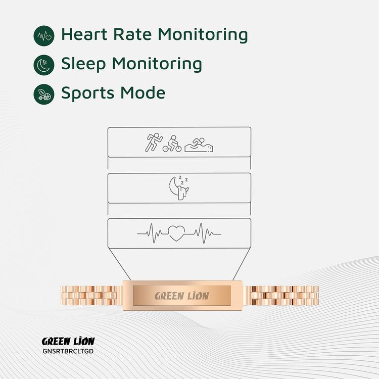 Green Lion Smart Bracelet Zinc Alloy Case with Heart Rate & Sleep Monitoring, Camera Control, 5 Days Working Time, Waterproof, 16mAh Battery Capacity, Bluetooth 5.1 - Gold