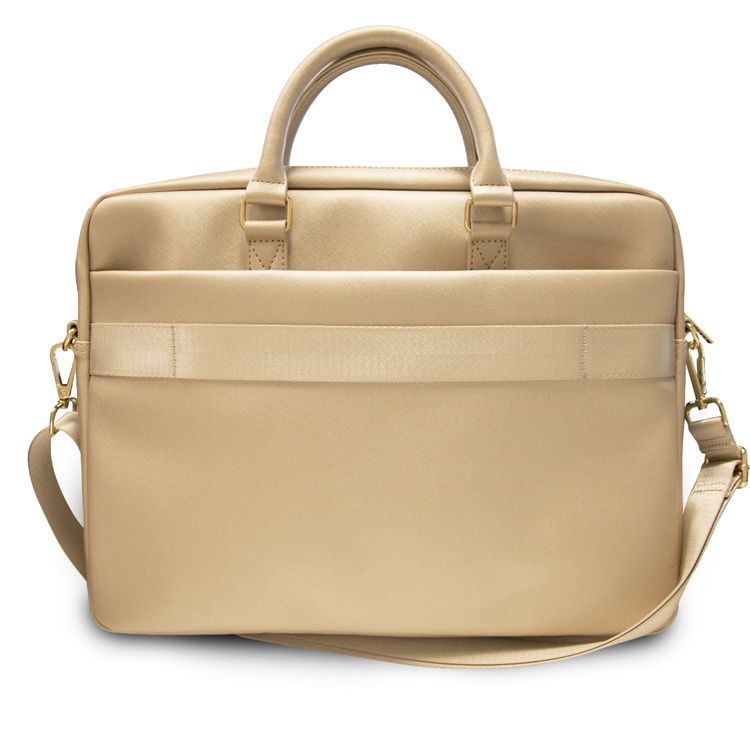 CG Mobile Guess PU Saffiano Script Computer Bag 15" with Adjustable Shoulder Strap for MacBook, Slim Lightweight Portable Storage Bag Officially Licensed Gold