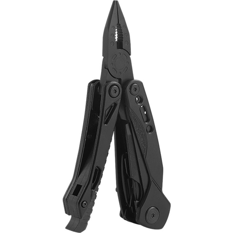 أداة متعددة الوظائف جرين ليون بليير برو مع مواد من الألومنيوم والفولاذ المقاوم للصدأ، طول النصل 2.8 بوصة، كماشة ذات أنف طويل، كماشة قياسية، قاطع سلك، مفك مسطح، صافرة، مبرد أظافر، فتاحة زجاجات، مقص، قاطع حبال، مجموعة، منشار، شفرة سكين، مفك فيليبس، كما تحتوي الأدوات على مُشعل نار - اللون أسود