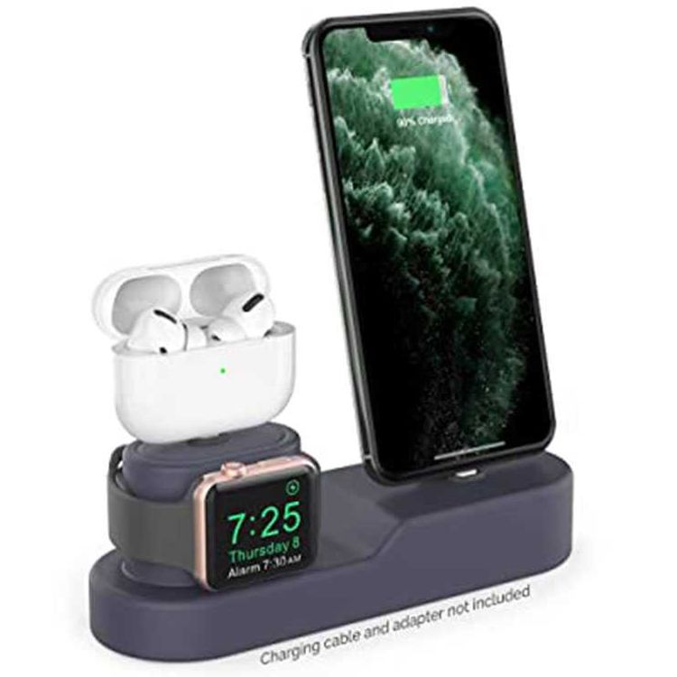 AhaStyle 3 in 1 Silicone Charging Dock/Silicone Stand and Cable organizer Compatible for Charging All iPhone Models, AirPods Pro/1/2, and Apple Watch Series 5/4/3/2/1 - Navy Blue