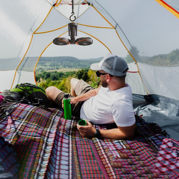 Porodo Lifestyle Dual-Head Oscillating Fan with LED Light, Power Bank, ABS & PP Material, 8000mAh Battery Capacity, Stable Tripod Base, Type-C Charging Port, 4 Levels Fan Speed, Hidden Hook - Black