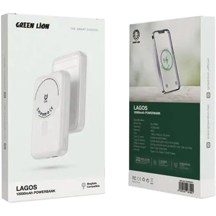 Green Lion Lagos 10000mAh Power Bank with PD 20W, MagSafe Compatible, Strong Adsorption, Built in Stand, Compact & Portable - White