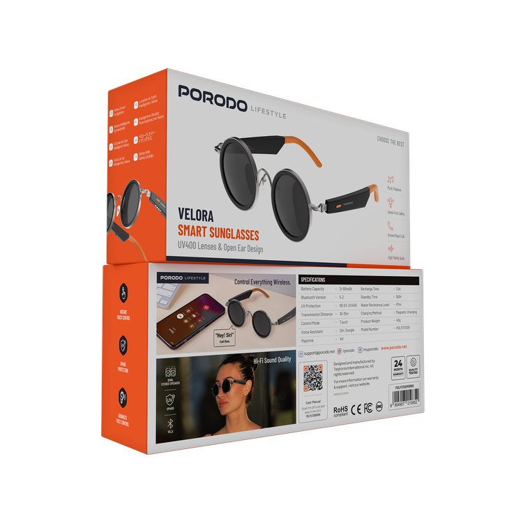 Porodo Lifestyle Velora Smart Sunglasses with Built-in Microphone, 4 Hours Playtime, Magnetic Charging Interface, UV400 Protection, Bluetooth Version 5.3, 10-15m Transmission Range, 2x 80mAh Battery Capacity, IPX4 Water Resistance Level, Touch Control, Dual Stereo Speakers - Orange / Black
