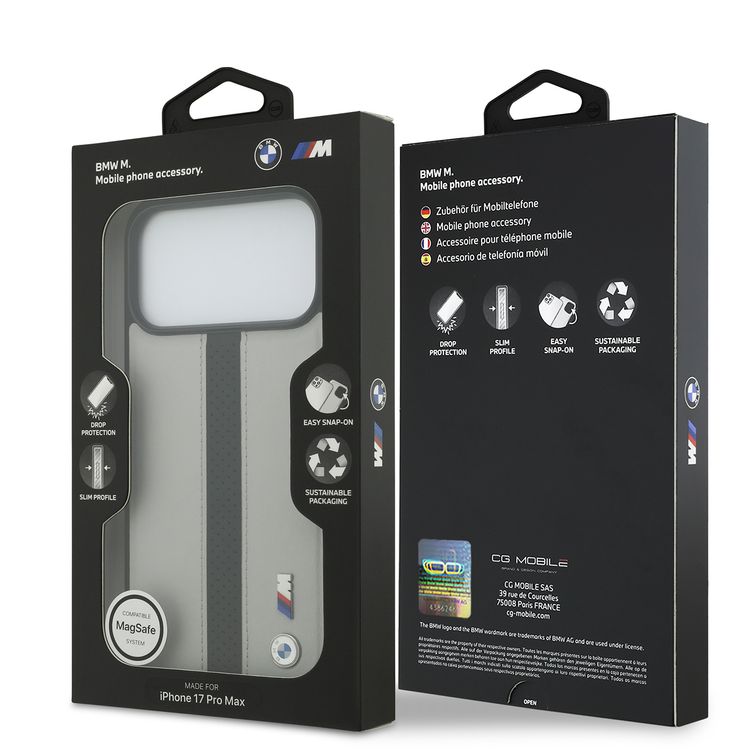 BMW PU Leather Case with Perforated Stripes & Metal Logos for iPhone 17 Pro Max, MagSafe Compatible, Sustainable Packaging, Drop Protection, Slim Profile, Easy Snap-On Design - Gray / Black