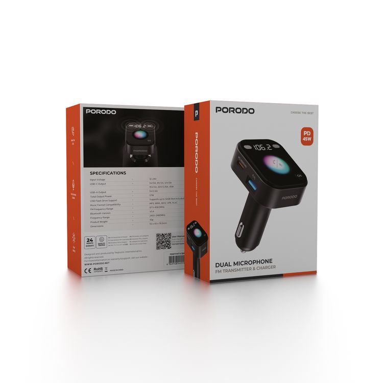  Porodo Bluetooth FM Transmitter with Voice Command, Mood Lighting, Hands-Free Calls, Bluetooth V5.4, PD 36W - Black