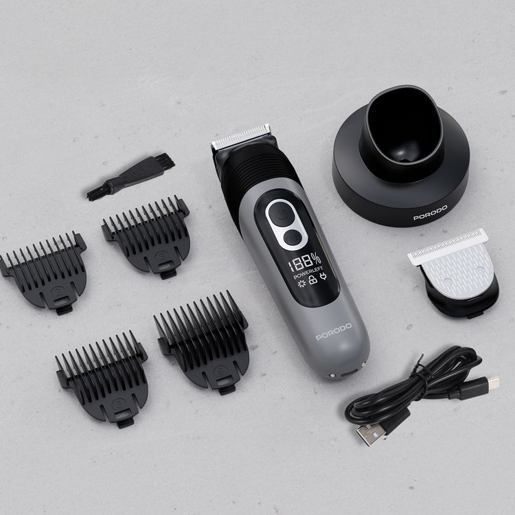 Porodo Lifestyle T-Blade Full-Body Grooming Kit with Metal Curved Blade, 90 Minutes Working Time, 600mAh Battery, USB-C Charging Port, Base, 2, 3, 6 & 9 mm Combs Included, 5W Rated Power, Wet & Dry Shaving - Black