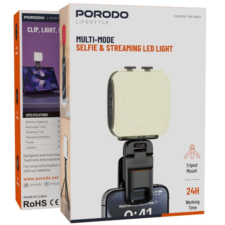 Porodo Lifestyle Clip-On Fill Light with 3 Color Temperatures, 1000mAh Battery Capacity, Up to 24 Hours Working Time, 3 RGB Lights, Wide Compatibility, 4W Power - Black