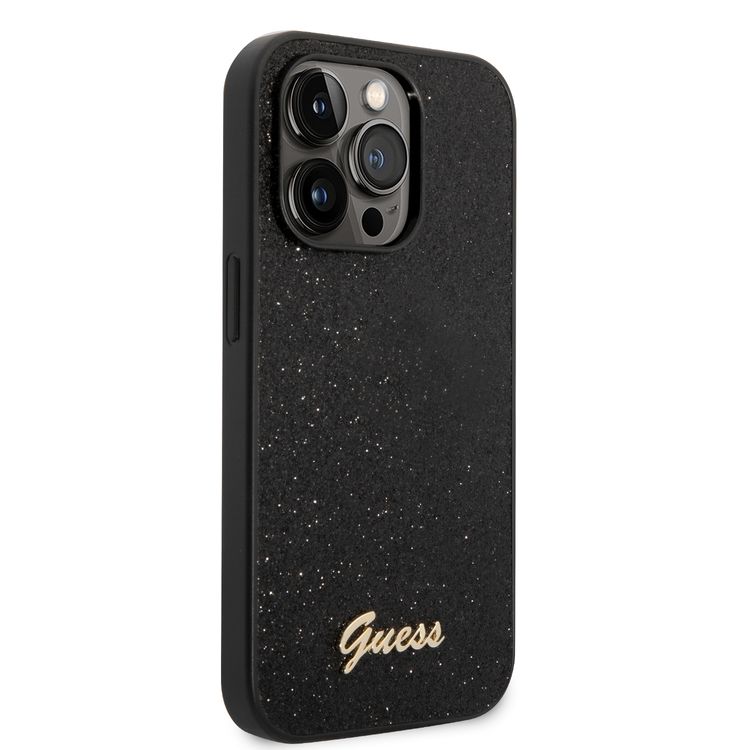 Guess PC/TPU Glitter Flakes Case with Script Metal Logo iPhone 14 Pro Compatibility - Black