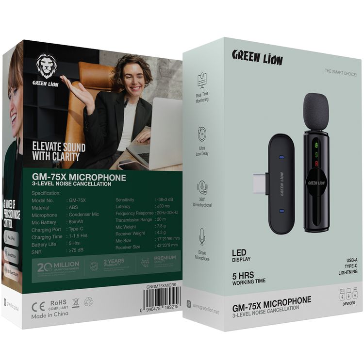 Green Lion GM-75X Microphone with 3-Level Noise Cancellation, 5 Hours Working Time, Less than 30 Milliseconds Latency, Single Microphone, USB-A, Type-C & Lightning Connectors - Black