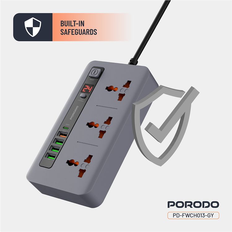 مجموعة بورودو المتكاملة للمنافذ المتعددة في المنزل والمكتب مع 4 منافذ USB-A و USB-C، بطول كابل 2 متر، حماية مدمجة، حماية من الحرارة الزائدة، شاشة LED - رمادي