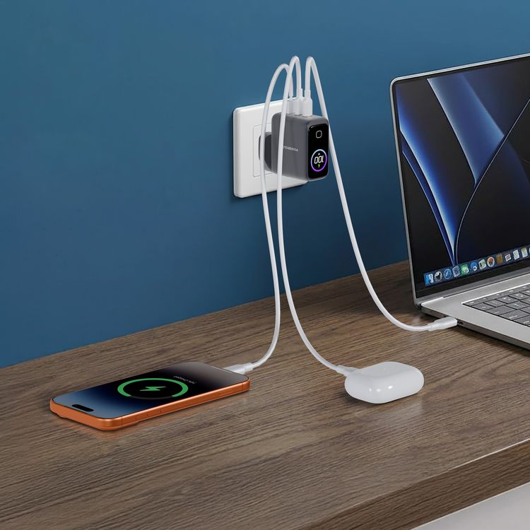 Powerology Voltflow 100W AVS GaN Wall Charger with Smart TFT Display, AI Temperature Control, QC 36W, Rapid Power Delivery, Over Current Protection, Natural Cooling System, High-Power Fast Charging, 25°C to 50°C Operating Temperature, 50/60 Hz Rated Frequency - Gray