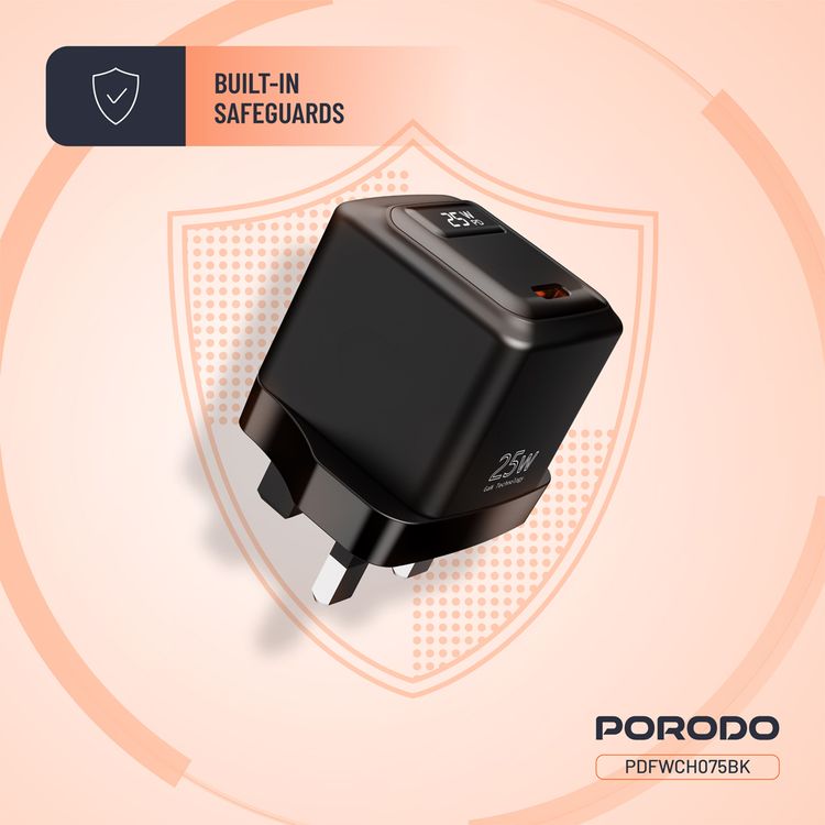 Porodo 25W Wall Charger with Single USB-C Port, High-Speed Efficient Charging, Digital Display, Built-in Safeguards, Fast Charging - Black