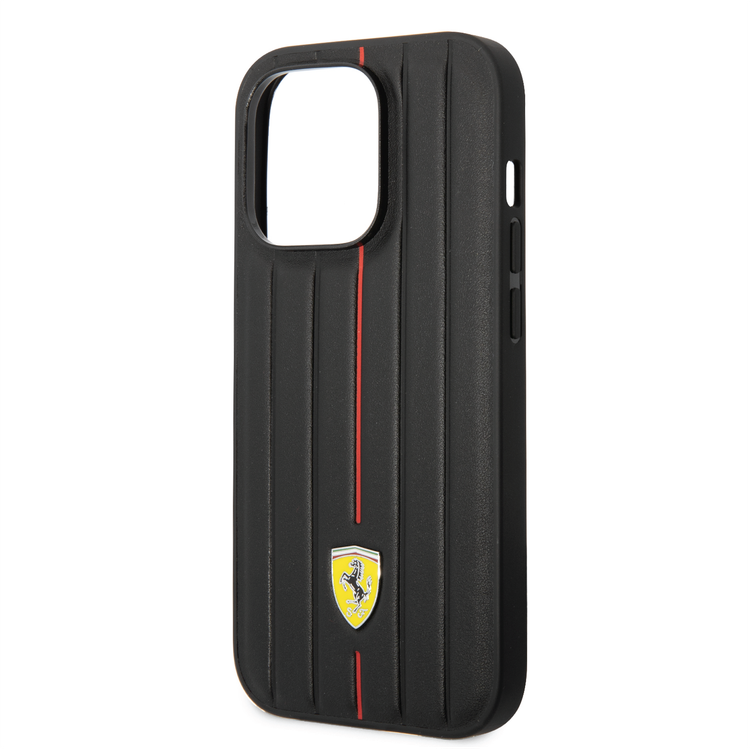 Ferrari Leather Case With Embossed Stripes & Yellow Shield Logo - iPhone 14 Pro Max - Black