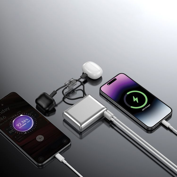 Porodo Petite 10000mAh Power Bank with Integrated Type-C & Lightning Cable, PD 20W, USB-A & USB-C Ports, Fast Charge Support, Digital Display, Universal Compatibility - Silver