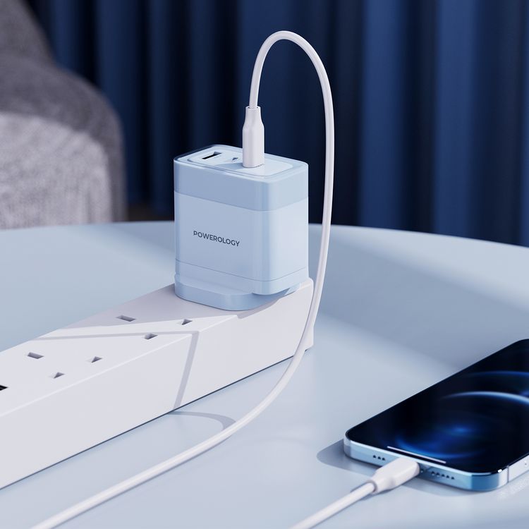 Powerology Lunex Series 3-Port Fast Charging Adapter with UK 3-Pin Power Plug, 65W PD USB-C Output, 22.5W QC USB-A Output, Multi-Device Charging, Powerful Laptop Charging, Universal Protocol Support - Blue