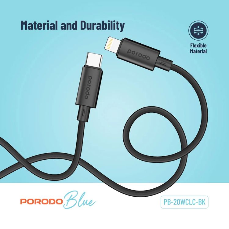Porodo USB-C To Lightning Cable with Universal Compatibility, Fast Charging & Data Transfer, Flexible Material, 1.2m Cable Length - Black