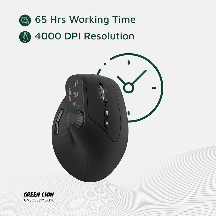 Green Lion Smart OLED Vertical Mouse with Ergonomic Design, Multi-Function Knob, 65 Hours Working Time, Dual Mode Switching - Black