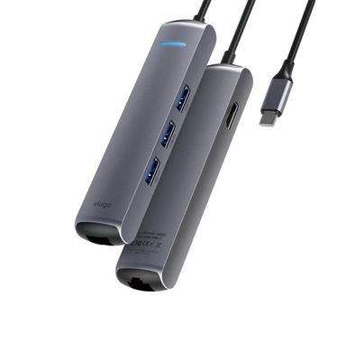 Elago 6 in 1 Ethernet HDMI Multi Hub USB-C, 4k HDMI, PD Charging Port, & Three USB 3.0 Ports, Compatible w/ USB Type-C Laptops, Smartphones, etc., Speedy Data Transfer - Dark Gray