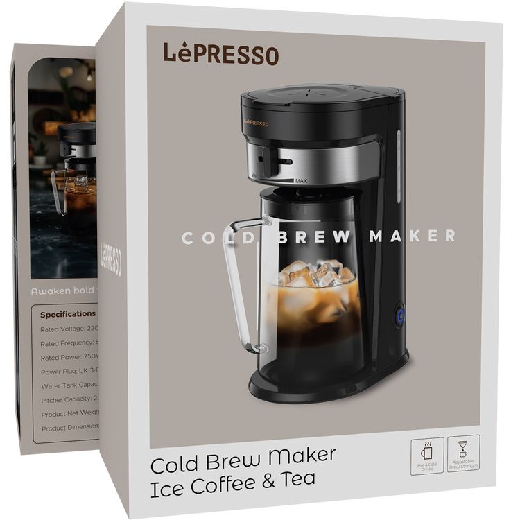 LePresso Cold Brew Machine for Iced Coffee & Tea Preparation, 2.5L Pitcher Capacity, Adjustable Brew Strength, 900mL Water Tank Capacity, Auto Shut-Off, One-Tap Brewing - Black