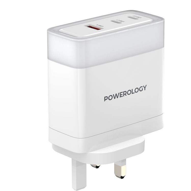 Powerology Lunex Series 3-Port Fast Charging Adapter with 100W PD USB-C Output, 18W QC USB-A Output, Multi-Device Charging, Powerful Laptop Charging, Universal Protocol Support - White