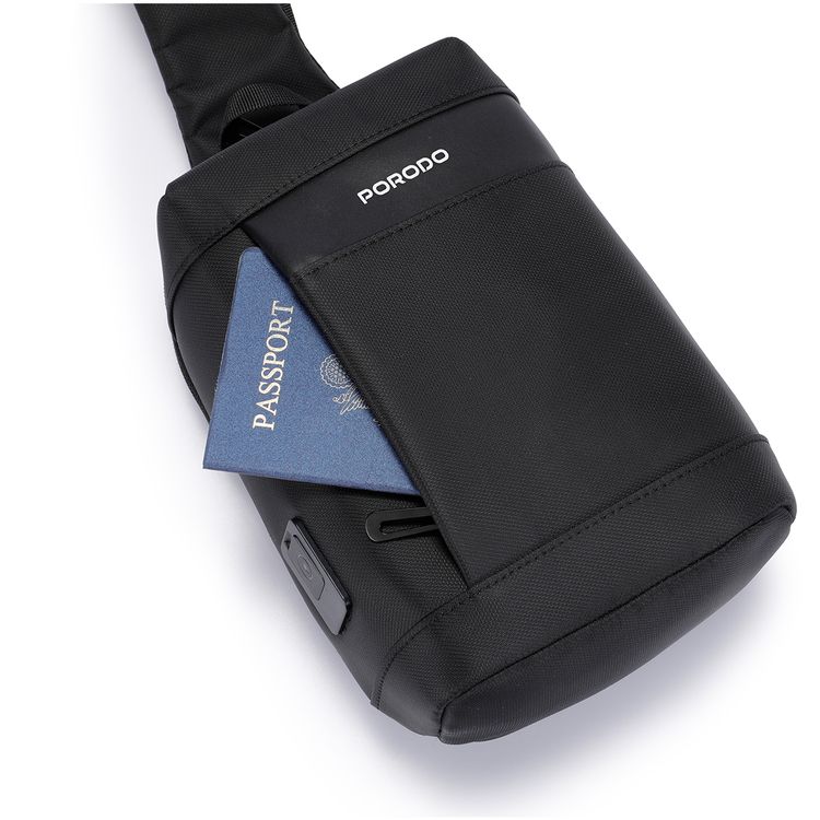 Porodo Cross Body Bag with Water-Resistant Material, Adjustable Shoulder Strap, Secure Device Storage, Padded Back Panel, Type-C Charging Port - Black