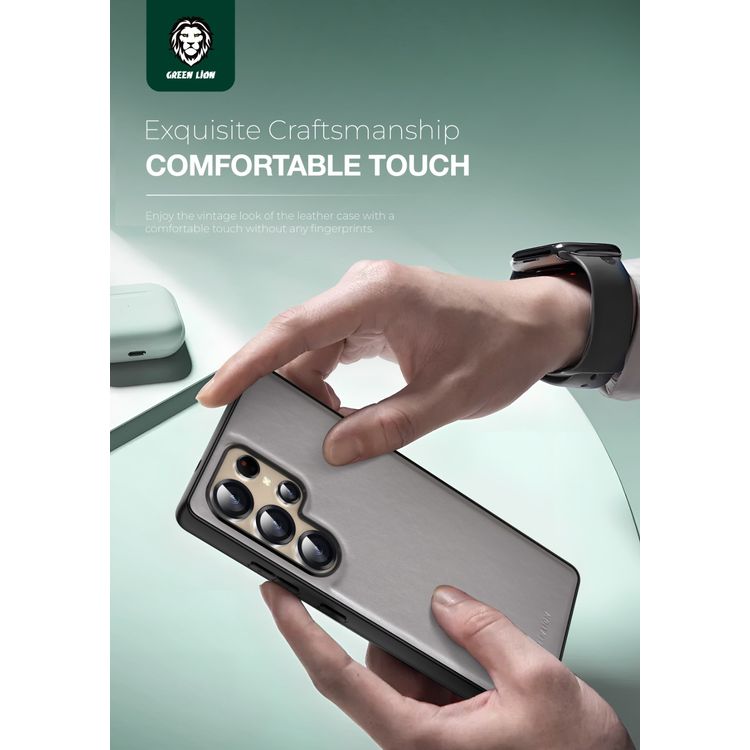 Green Lion Leather Case Samsung Galaxy S25 Ultra, TPU Shockproof Edges, Drop Protection, Comfort Grip, Camera Protection, Precise Cutouts, Anti-Scratch - Titanium