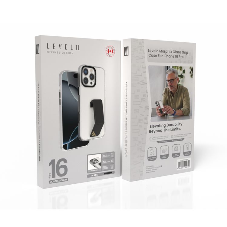 Levelo Morphix Clara Case for iPhone 16 Pro, Hybrid Material, Impact-Resistant Corners, Built-in Leather Grip, Metal Camera Ring - Black