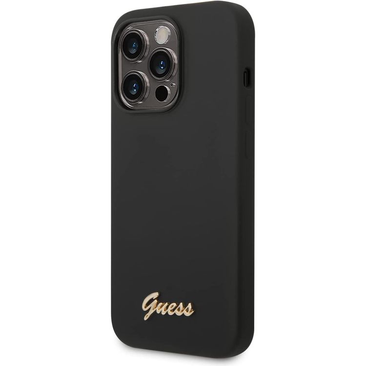 Guess Liquid Silicone Case With PC Camera Outline & Script Metal Logo - iPhone 14 Pro Max - Black