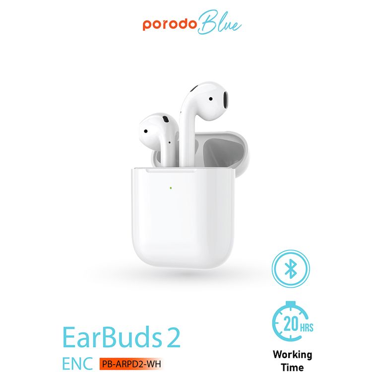 Porodo Blue Deep Bass Wireless Earbuds 2, One-Step Pairing, Comfortable Fit, Independent Earbuds, Touch Control, Deep Bass -  White