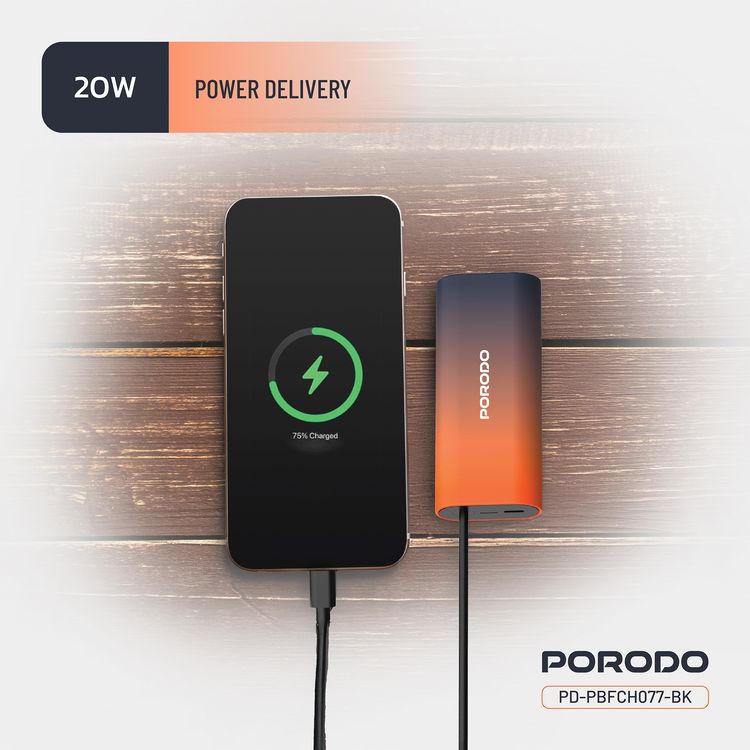 Porodo PB077 20000mAh Power Bank with  Integrated Type-C Cable, PD 20W, Type-C Ports, Portable Design, Fast Charge Support - Black