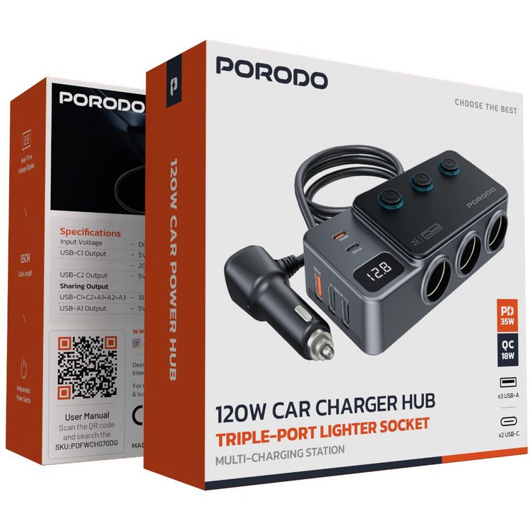 Porodo 120W Car Charger Hub with Triple-Port Lighter Sockets, 3 USB-A & 2 USB-C Ports, 35W PD, 65W QC, 95cm Cable, Real-Time Voltage Display, Independent Power Switch - Dark Gray