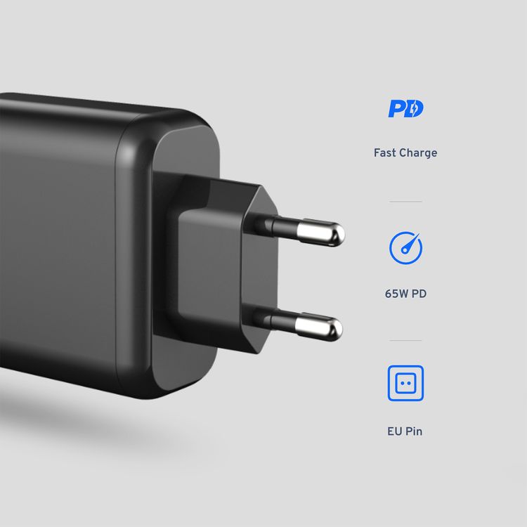 شاحن Powerology Compact 3-Output EU GaN بقوة 65 واط لتوصيل الطاقة، متوافق مع شحن الكمبيوتر المحمول، شريك موثوق، شحن من 0٪ إلى 60٪ في 35 دقيقة - أسود.