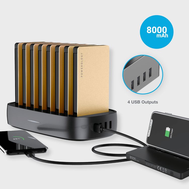 Powerology 8-in-1 Power Bank Station 8000mAh With Built-in Cable, Portable Power Bank and 1 Rapid Recharging Station Compatible iPhone Devices,  Type C Charging Ports - Gold