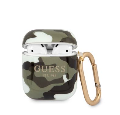 CG MOBILE Guess TPU Shinny Camouflage Case with Anti-Lost Ring Compatible for AirPods, Scratch & Drop Resistant Cover, Dustproof Protective Silicone Case - Kaki