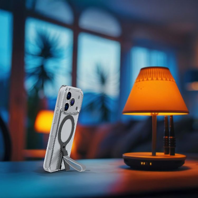 Levelo Spira MagSafe Clear Grip Case for iPhone 17 Pro, Strong Magnets, Horizontal & Vertical Viewing, Shock-Resistant Bumper, Anti-Scratch, 360° Rotating Metal Kickstand - Silverstone