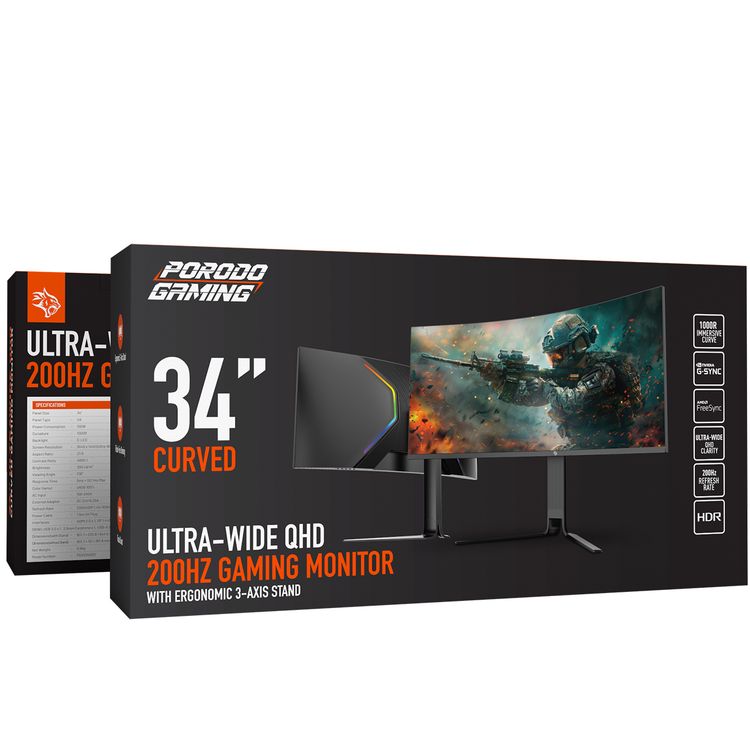 Porodo Gaming Ultra-Wide 34" Curved QHD Gaming Monitor with Ergonomic 3-Axis Stand, E-LED Backlight, VA Panel, 178° Viewing Angle, sRGB 100% Color Gamut  - Black