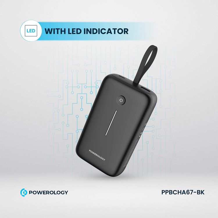 Powerology 20000mAh Power Bank with Detachable USB-C Wire, 30W Power Delivery, 3-Device Charging, Long Time Standby, Universal Phone Compatibility, Built-in Safeguards - Black