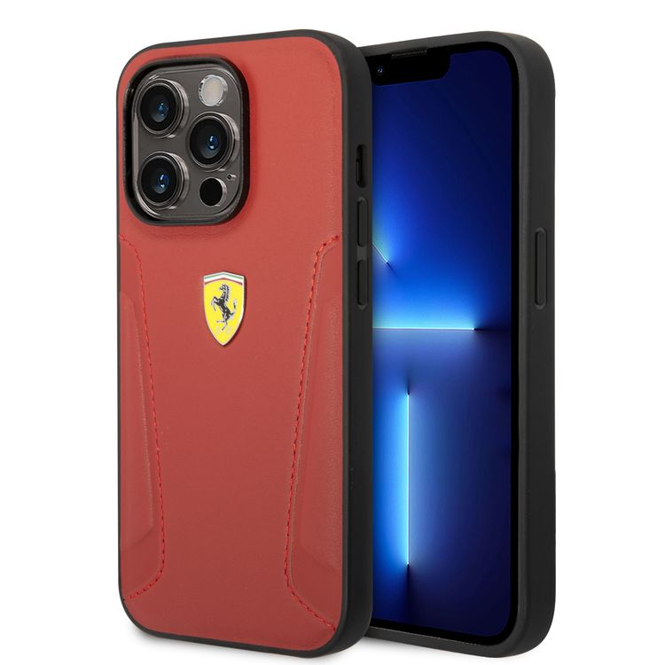 Ferrari Leather Case With Hot Stamped Sides & Yellow Shield Logo - iPhone 14 Pro - Red