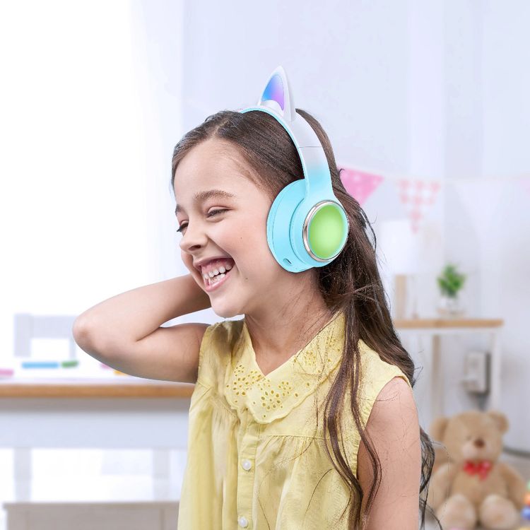 سماعة رأس للأطفال لاسلكية من جرين ليون GL-400 مع تأثيرات ضوئية وأوضاع وميض، ما يصل إلى 20 ساعة من وقت العمل، إصدار بلوتوث 5.3، تصميم خفيف الوزن - أزرق