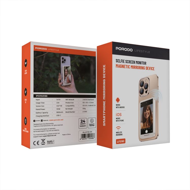 Porodo Selfie Screen Monitor with Magnetic Mirroring, 3.5 Hours Usage Time, 4.02" HD Screen, 1.85W Rated Power, 1800mAh Battery, 180° Screen Rotation, Compatible with iOS 9.0+ & Android 2.0+, 2.4G/5G Dual Band Wi-Fi Network - White