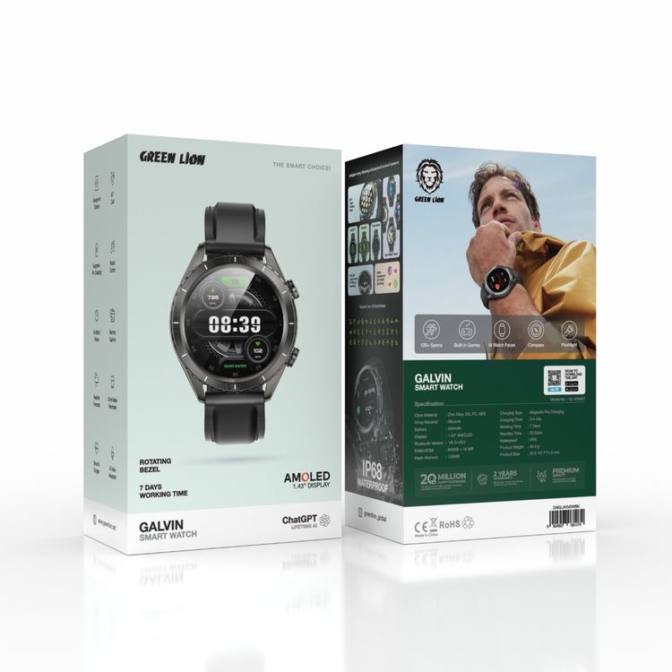 Green Lion Galvin Smart Watch with 1.43" Amoled Display, 960° Smart Rotating Bezel, 7 Days Working Time, 30 Days Standby Time, AI Voice Assistant, 128MB Flash Memory, Drink Water Reminder, Built-in Games, Supports Over 100 Sports Modes, Silicone Strap, 24/7 Health Monitoring - Balck