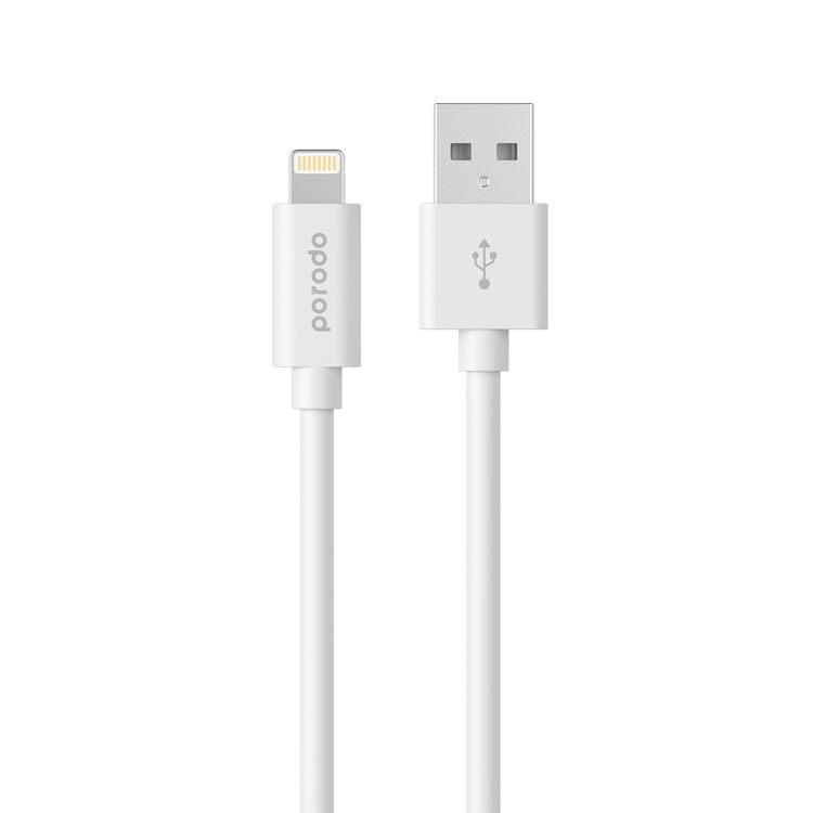 Porodo PVC USB-A to Lightning Cable with 2.4A Current, 1.2m Cable Length, Fire-Resistant Material, Fast Charge & Data Sync, Overheat & Overcurrent Protection - White