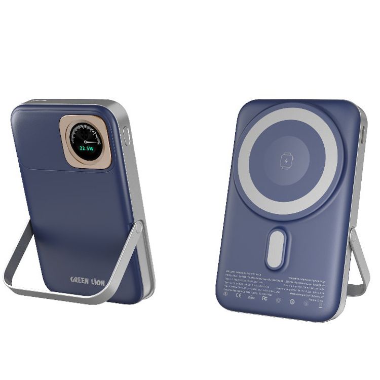 Green Lion Volt Gauge 10000mAh Power Bank with Dual USB-C Ports, ABS & PC Material, 15W Wireless Output, 22.5W Power Delivery, Flight Approved, Built-in Kickstand, Fast Charge Support - Blue