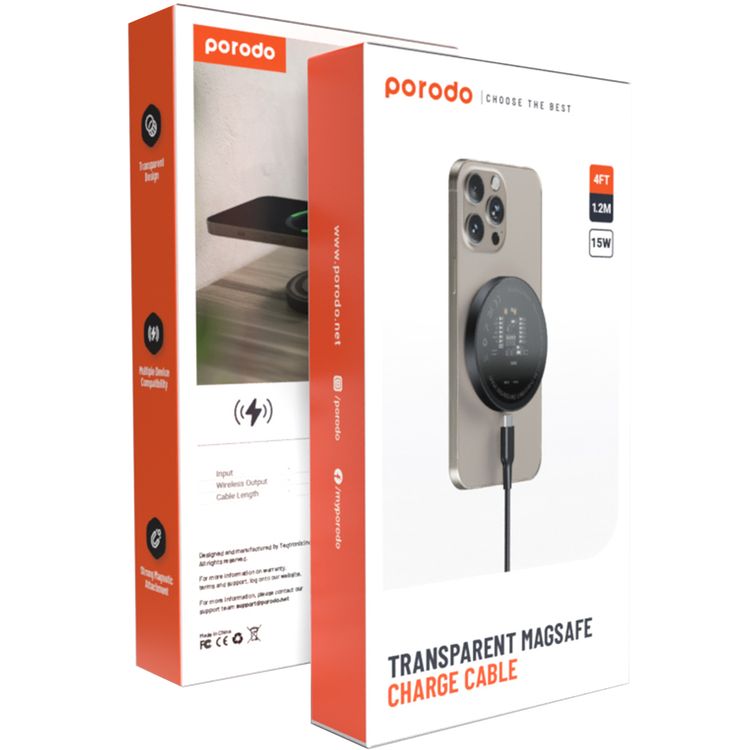 Porodo Transparent MagSafe Charger with 1.2m Type-C Cable, 15W Maximum Wireless Output, Strong Magnetic Connection, Multiple Device Compatibility - Black