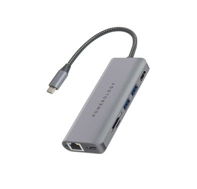 Powerology 7 in 1 USB-C Hub Ethernet & HDMI with PD 87W - Space Gray