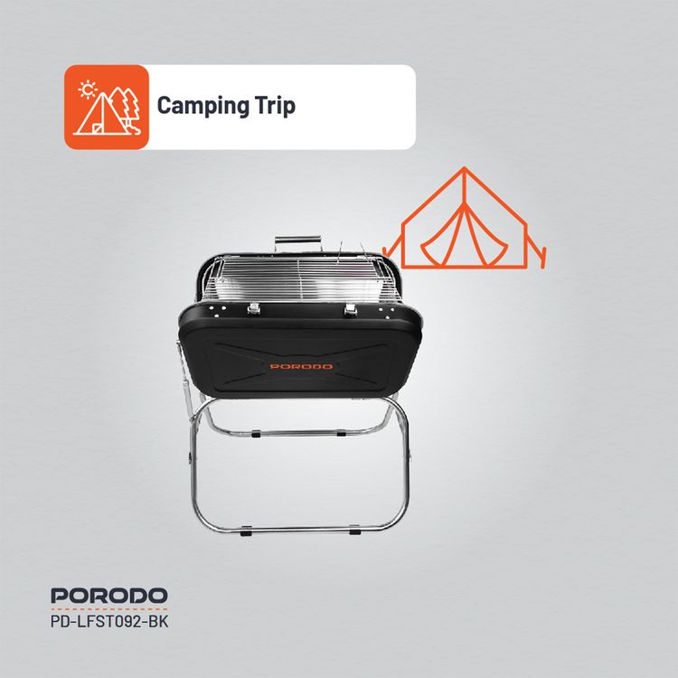 Porodo Lifestyle Portable Folding BBQ Grill with Steel Cooking Mesh, 17-inch Grilling Area, Camping Trip, Backyard Parties & Beach Outings, Easy to Clean, Quick Setup - Black