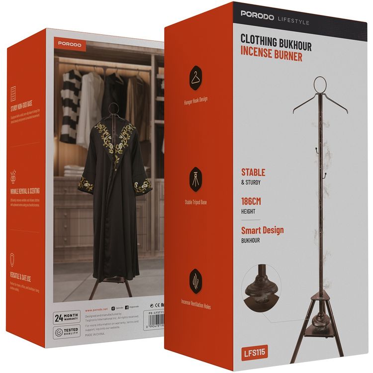 Porodo Lifestyle Clothing Bukhour Incense Burner, 186 cm Height, Smart Design, Hanger Hook, Stable Tripod Base - Brown